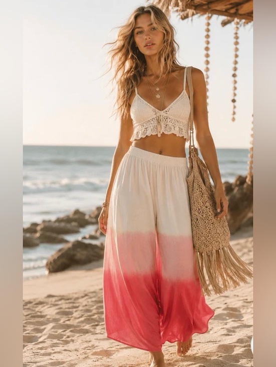 Pants - 0224.  Boho Ombre Pink Wide Leg Palazzo Pants